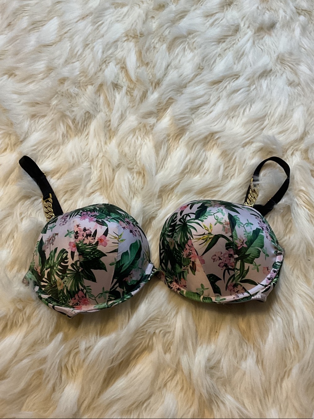 Victoria's Secret Floral Push-Up Bra - Black Straps & Pink Accents
